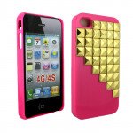 Wholesale iPhone 4 4S 3D Pyramid Studs Case (Gold - Pink)